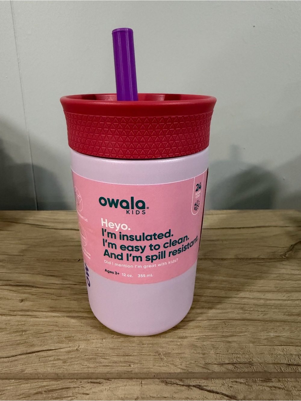 Owala Kids Insulated Pink Tumbler with Red Lid and Purple Straw